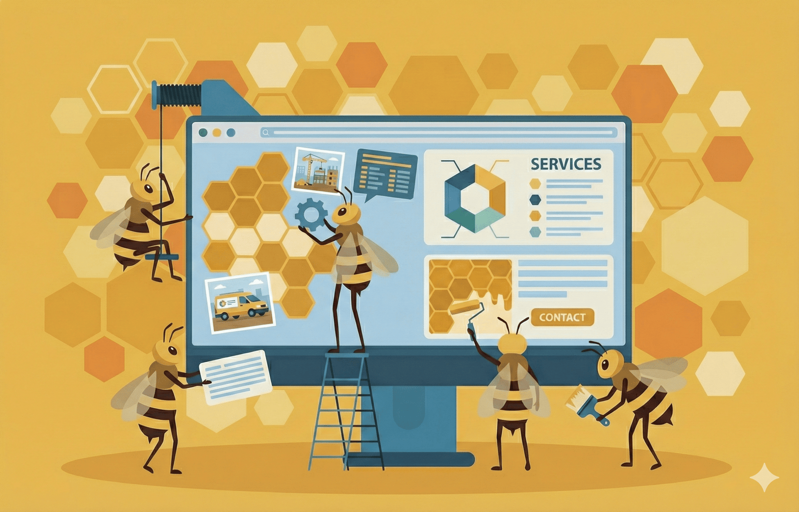 A group of cartoon honey bees work to design and develop a service based website